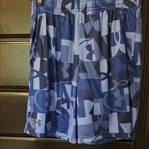 Under Armour Blue Athletic Shorts with Geometric Pattern. Pockets and Like New.